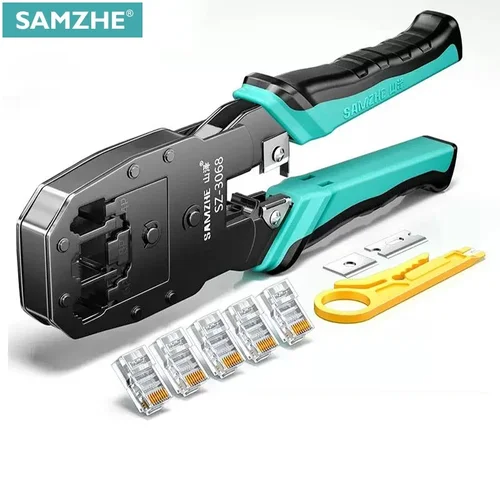 SAMZHE-alicates de engarzado RJ45, cortador pelador de paso a través de Crimper para conector Modular Cat7 Cat6 Cat5e 8P8C, herramienta de cable Ethernet