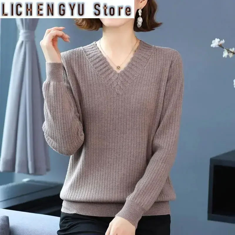 Сплошной цвет с v-образным вырезом, женская одежда, пуловер, свитер с длинными рукавами, повседневный вязаный модный осенне-зимний топ с завинчивающейся резьбой Сплошной цвет с v-образным вырезом, женская одежда, пуловер, свитер с длинными рукавами, повседневный вязаный модный осенне-зимний топ с завинчивающейся резьбой