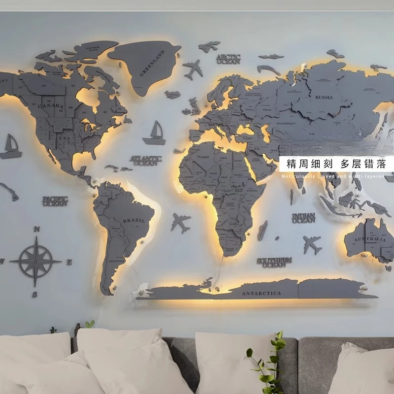 Gray black world lighting luminous map solid wood three-dimensional wall decoration wall decoration living room company image