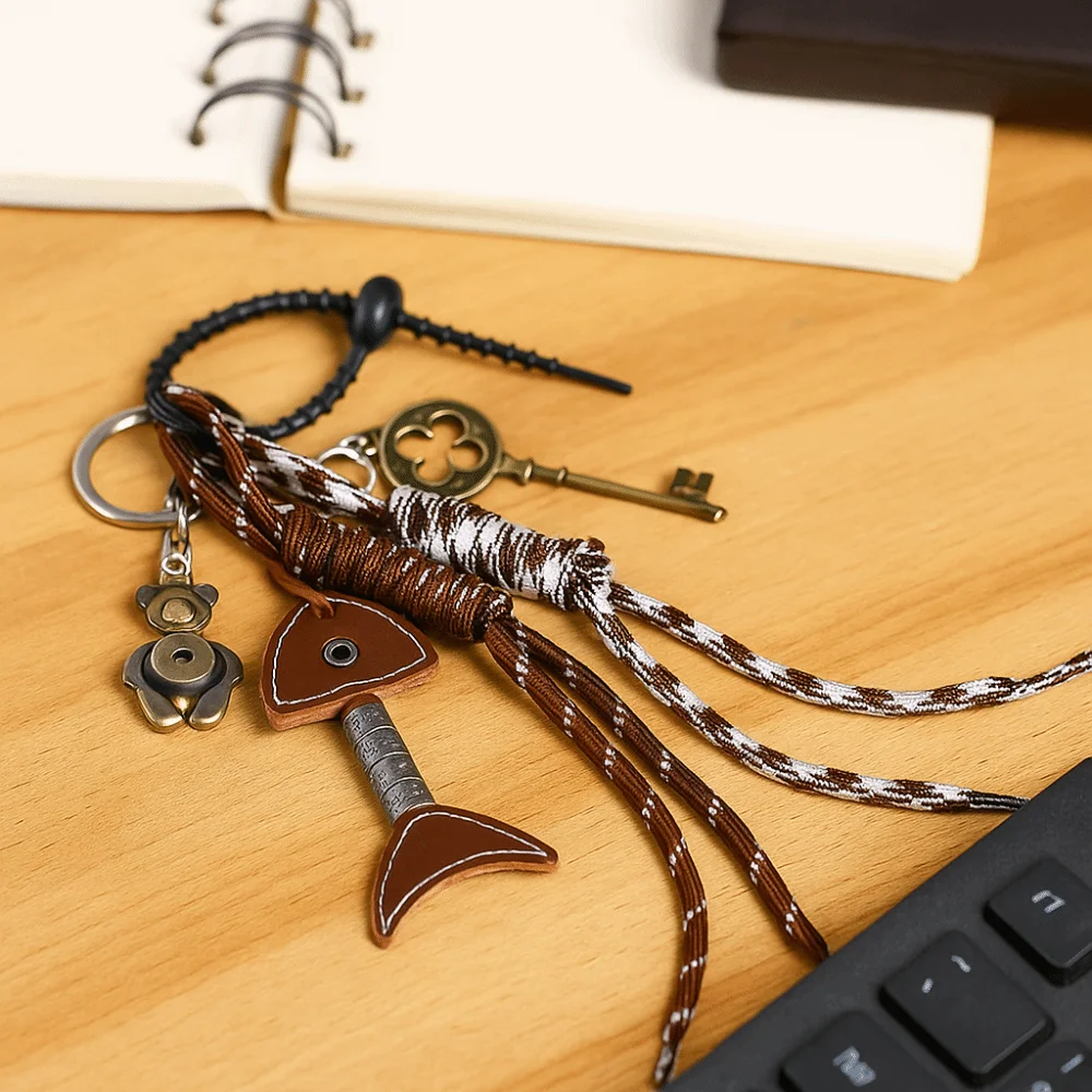 

PU Leather Leather Fishbone Keychain Bag Hanging Handmade Vintage Bear Key Pendant Y2K Anti-Lost Woven Ropes Keyring Small Gifts