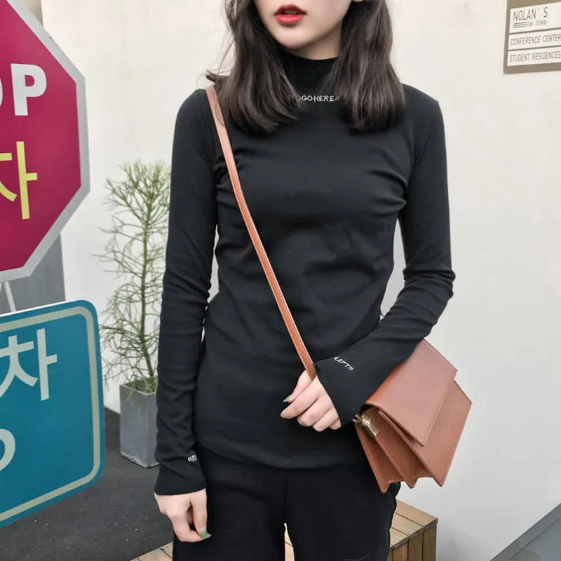 Letters Turtle Long Sleeve T-shirts Women Winter Slim Embroidery Tops Sexy Y2K Vintage Tees Shirts Cheap Clothes Woman Tshirts
