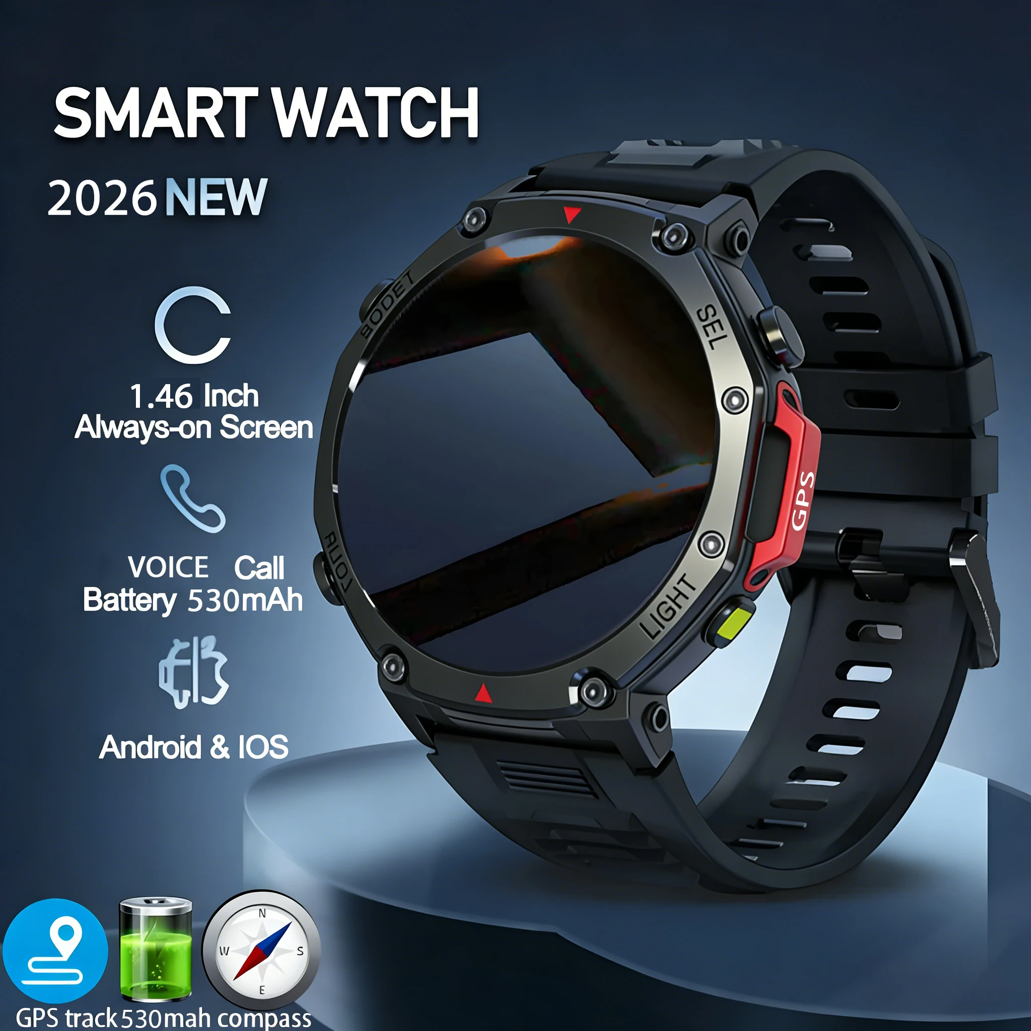

New BT Call 510mAh Battery Smart Watch Men GPS Track Waterproof Sports Fitness Outdoors Compass Military Flashlight Smartwatch