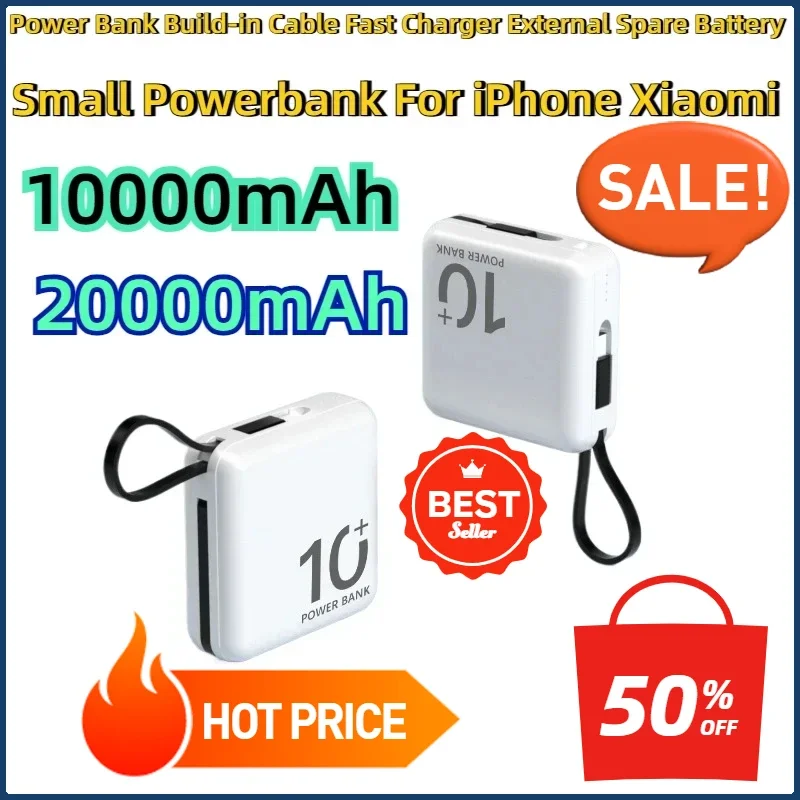 

For iPhone Xiaomi Portable Mini 10000mAh Power Bank Build-in Cable Fast Charger External Spare Battery 20000mAh Small Powerbank