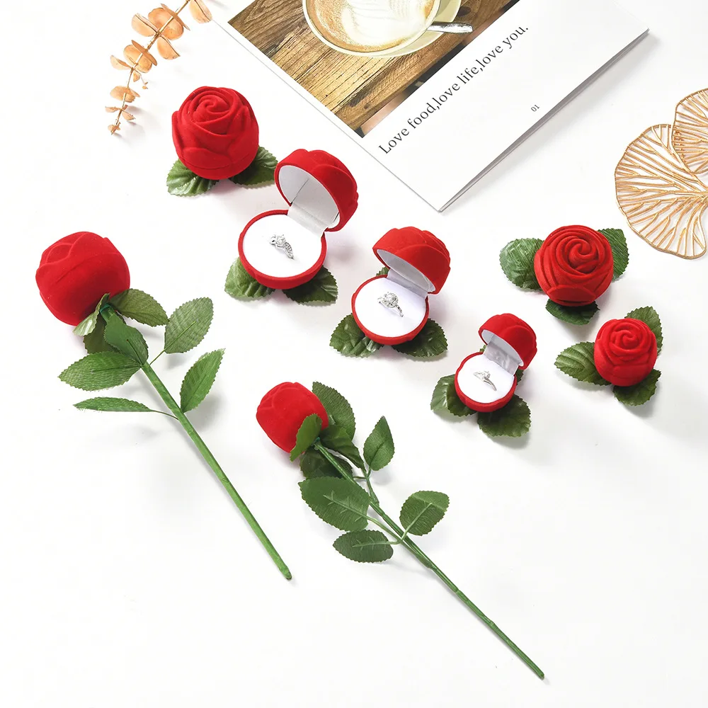Artificial Rose Ring Box Protective Velvet Jewelry Holder Rose Flower Earring Case Soft-To-The-Touch Flocked Rose Jewelry Box