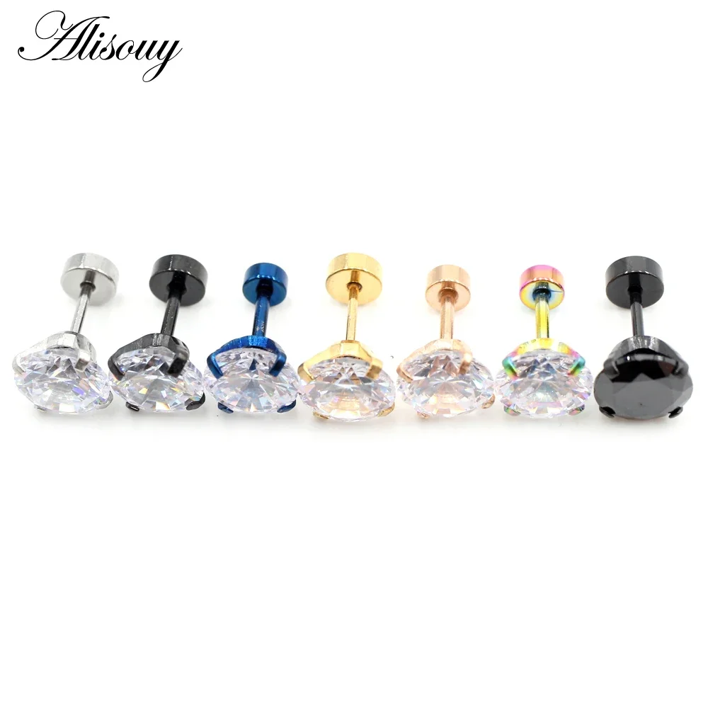 2 Pieces Stainless Steel Unisex Women Men Round Crystal Zircon Ear Studs Earrings 4 Prong Tragus Cartilage Piercing Jewelry