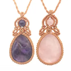 Braided Crystal Stone Pendant Necklace For Women Natural Amethyst Rose Quartz Thread Rope Wrapped Macrame Necklace Weave Jewelry