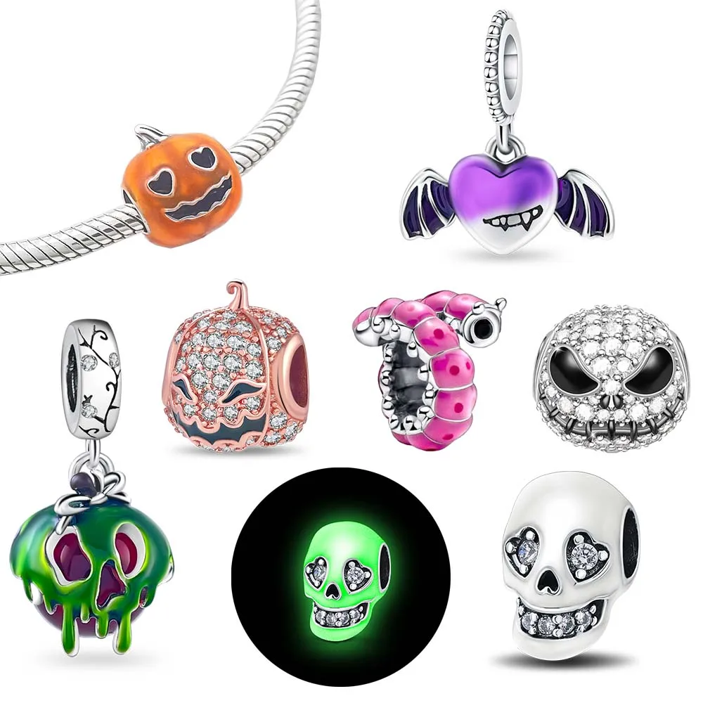 925 Sterling Silver Halloween Glowing Skull for Original Bracelet for Women Making Jewelry DIY Charm Love Gift