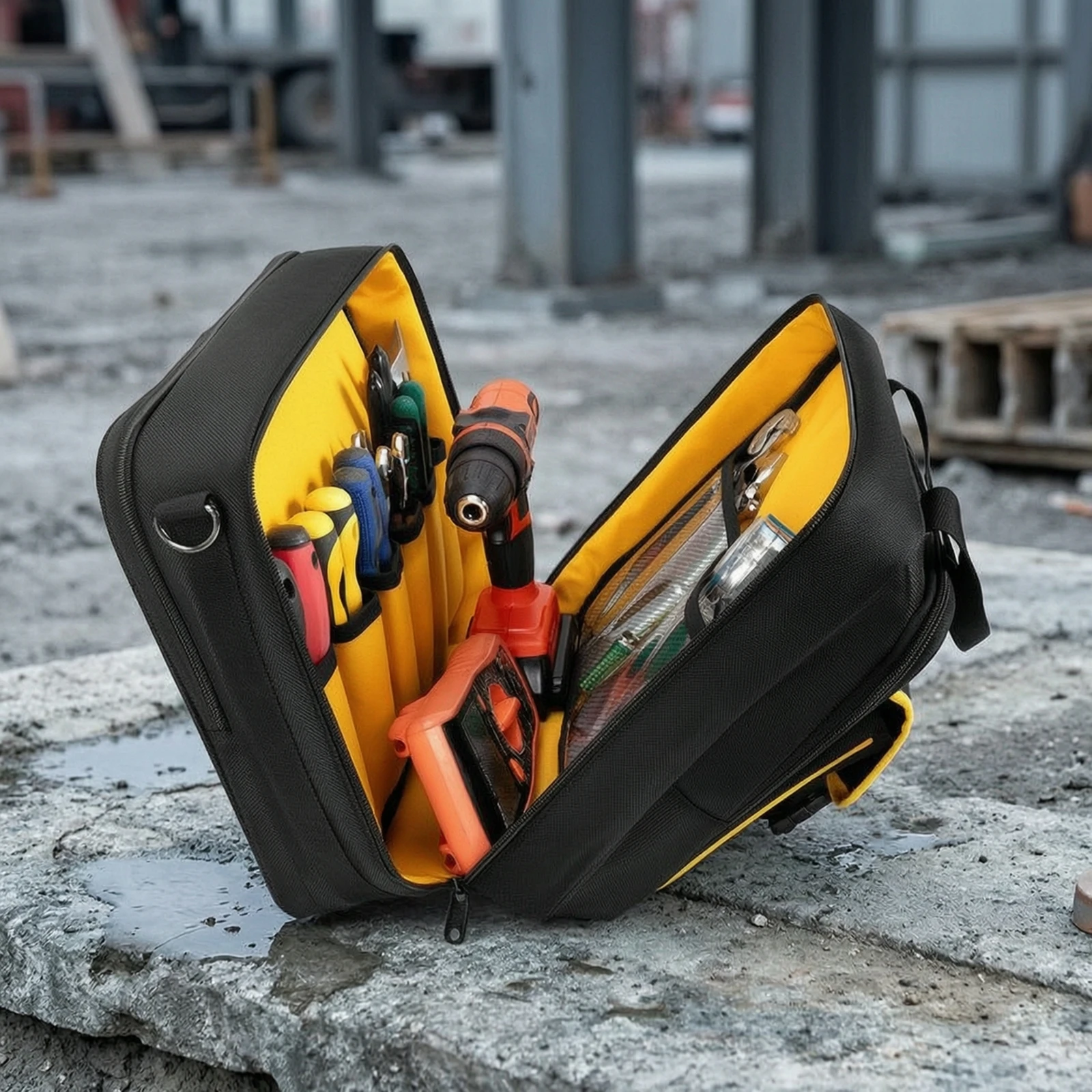 電気技師用ツールバッグ-ソフトサイド-テクニシャンバッグ-ラップトップスリーブ付き-ジッパー式-防水仕様-電気技師、現場作業、野外作業用