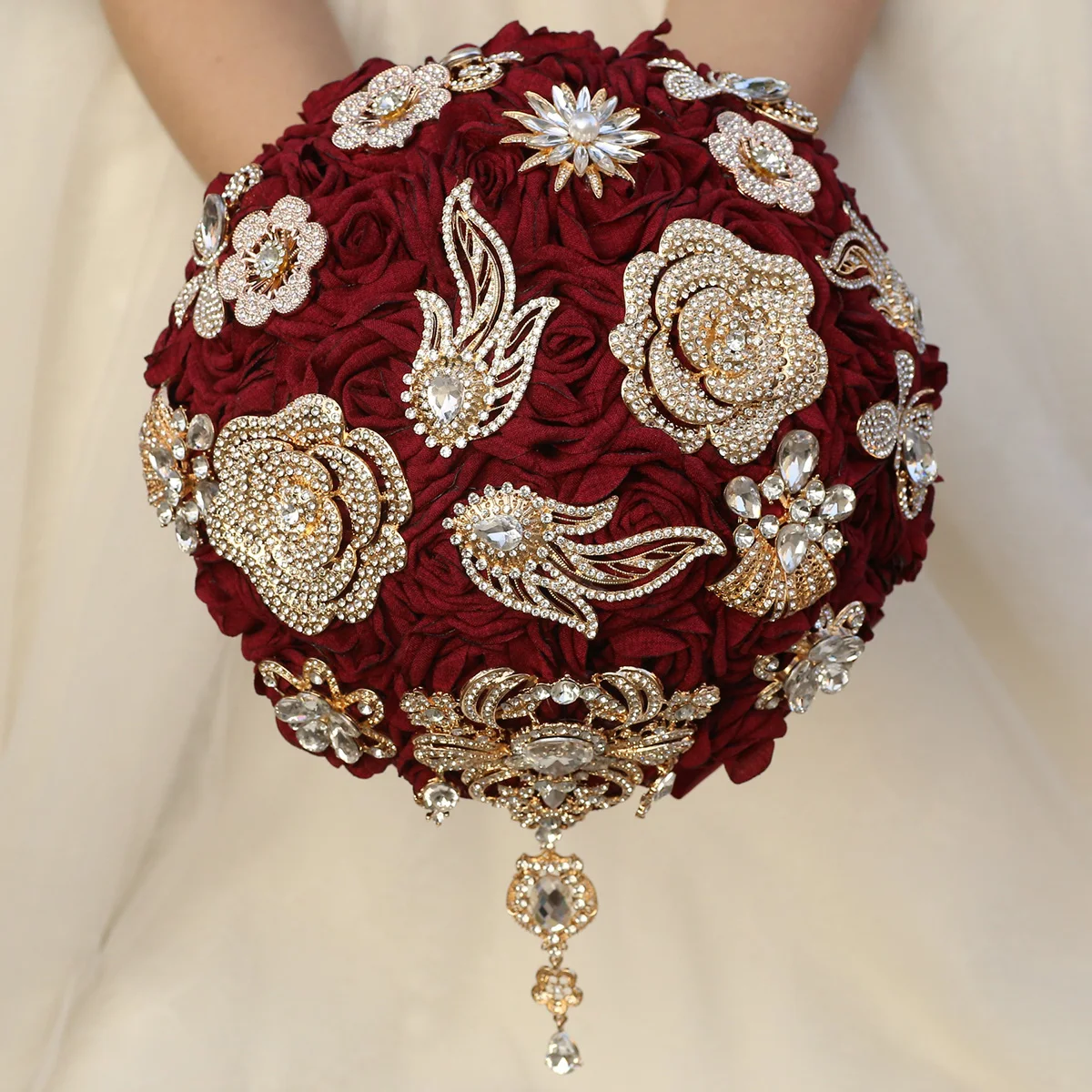 

Elegant dark red bride wedding tassel hand flower Heavy imitation rose gold diamond wedding eternal hand bouquet gift W1023A