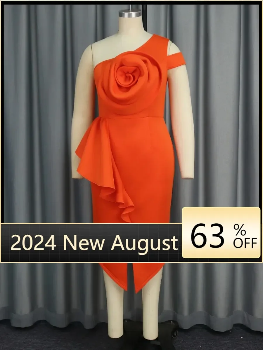 Orange Sexy Dress One Shoulder Large Flower Rose Ruffled Bodycon Dresses Women Elegant Occasion African Wedding Guest Clothing