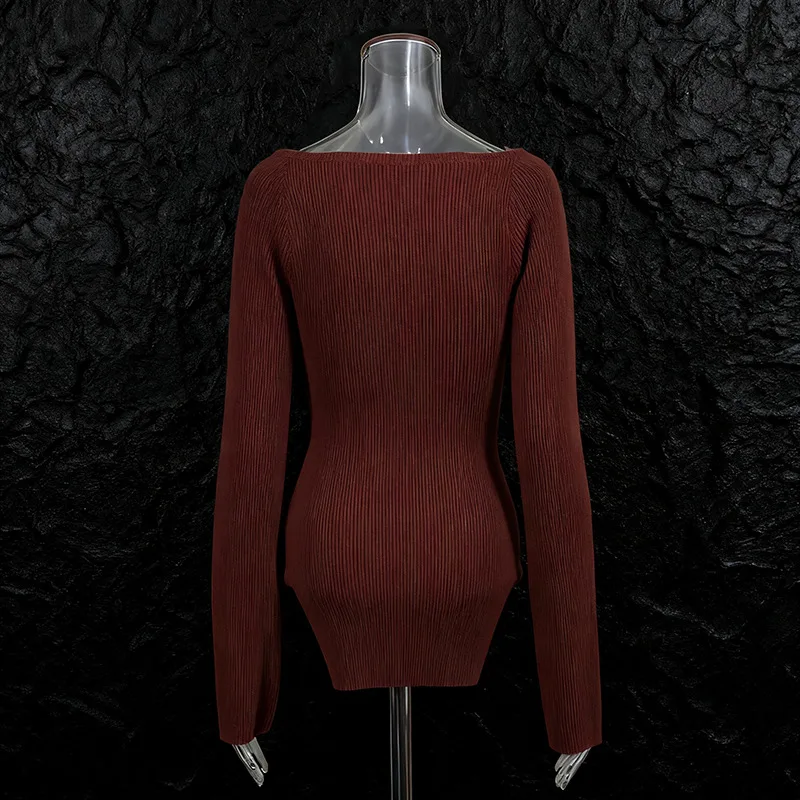 HKSH Women Sweater Sexy Hot Girl Metal Decorated Square Collar Solid Color Waist Cinching Slim Long Sleeve Knit Pullover HK26859