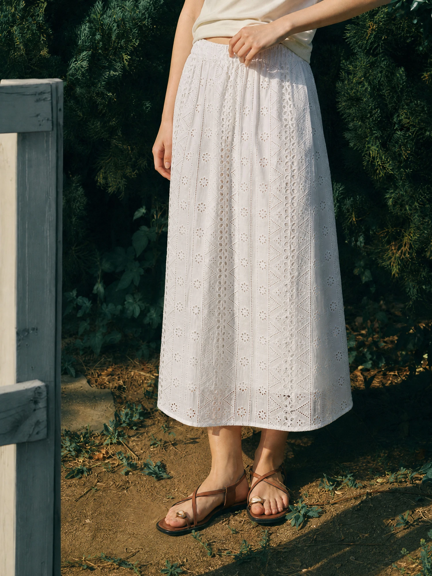 Summer Dream Madeira Carved Hole Embroidered Hollow out Comfortable A-Line  Skirt Elastic Waist Cotton Blend Women's Skirt