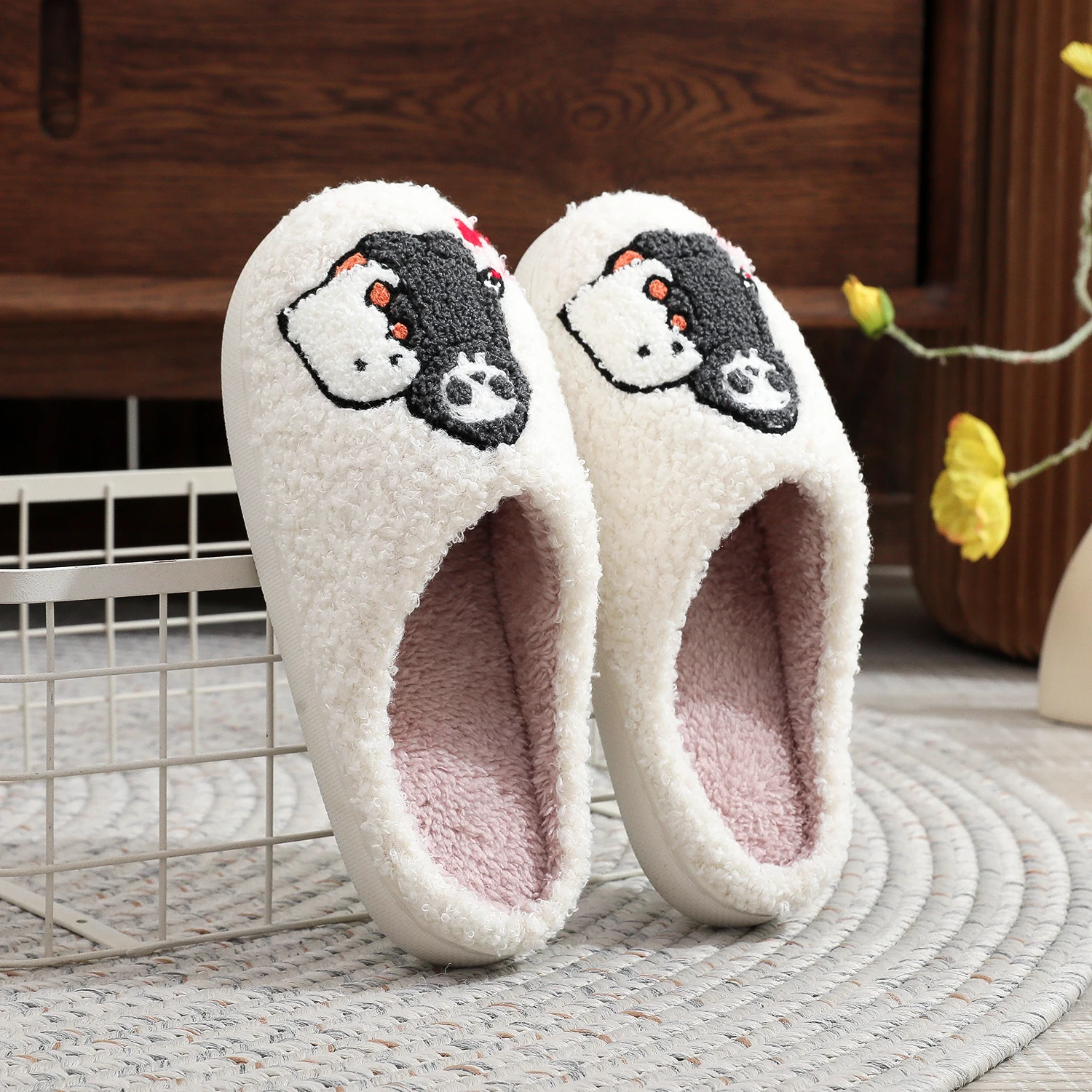 Skull Ghost Pattern Personality Dark Style Embroidery stuffed Home Platform Cozy Fur Cotton Slippers Warm Non-slip Indoor Slippers Men Women Halloween Gift
