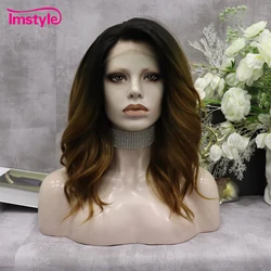 Imstyle-Peluca de cabello sintético con malla frontal para mujer, cabellera artificial ondulado Natural de fibra resistente al calor, color marrón degradado, uso diario