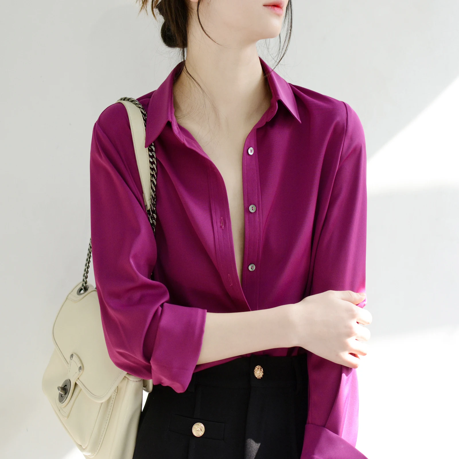 

TRR Faion Chic Фиолетовая женская свободная блузка с длинным рукавом, качественная, для повседневной носки, немаркая, антибактериальная, прямого кроя, из полиэстера