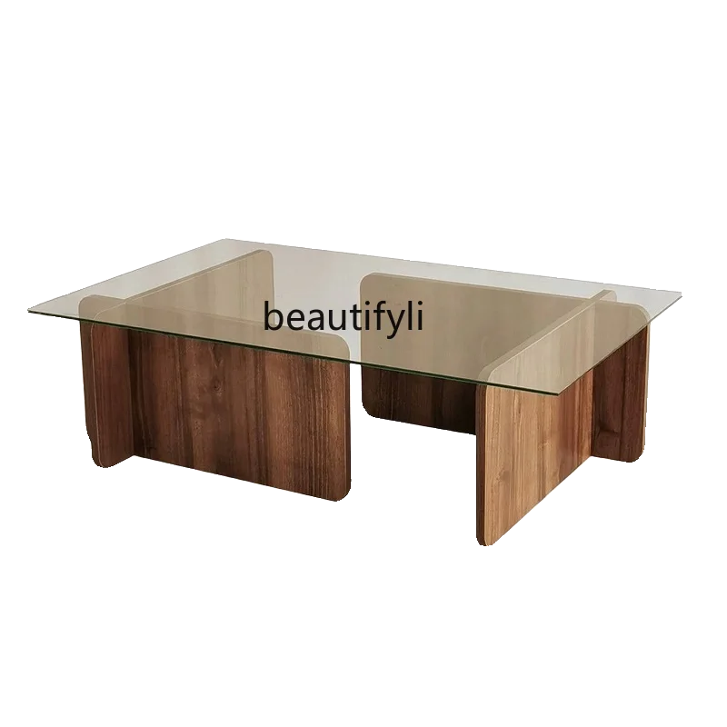 

Tea Table Household Small Apartment Walnut Tea Table Log Style Tempered Glass Tea Table