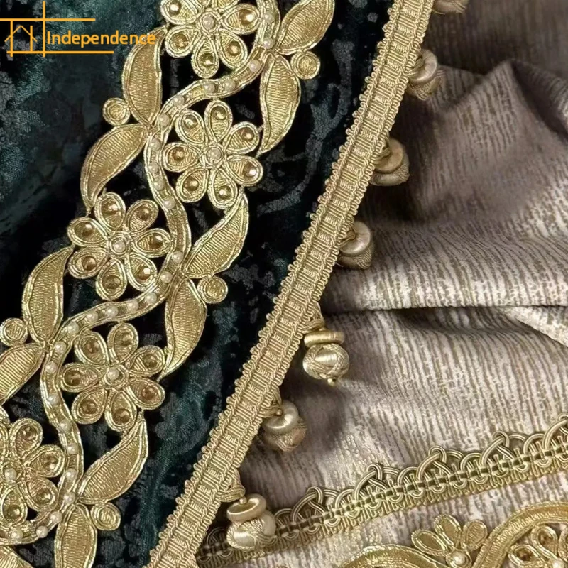 

French High-end Blue-green Embroidery Velvet Splicing Curtains for Living Room Bedroom French Window Balcony Customized Products