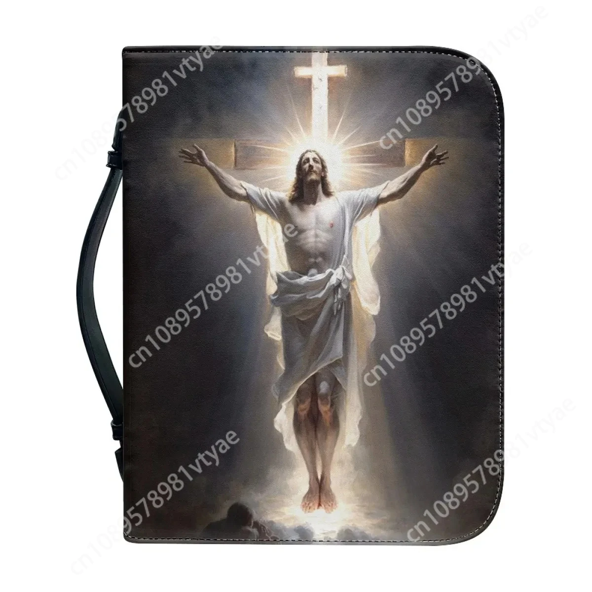 

Jesus Pattern Print Bible Cover Case Leather Bible Bag for Women Zipper Handle Handbags Christian Practical Bible Storage Bags