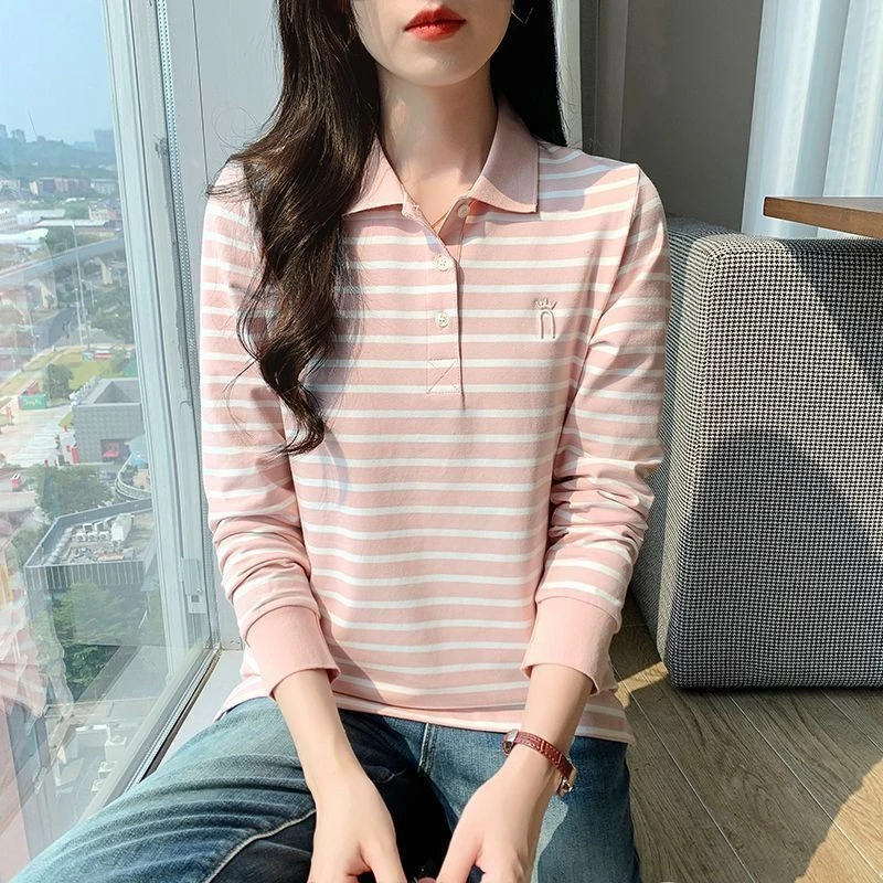 Women’s Striped Polo Shirt 100% Cotton Long Sleeve Slim Fit Lightweight Top Autumn Elegant Collar Casual Versatile New Arrival​