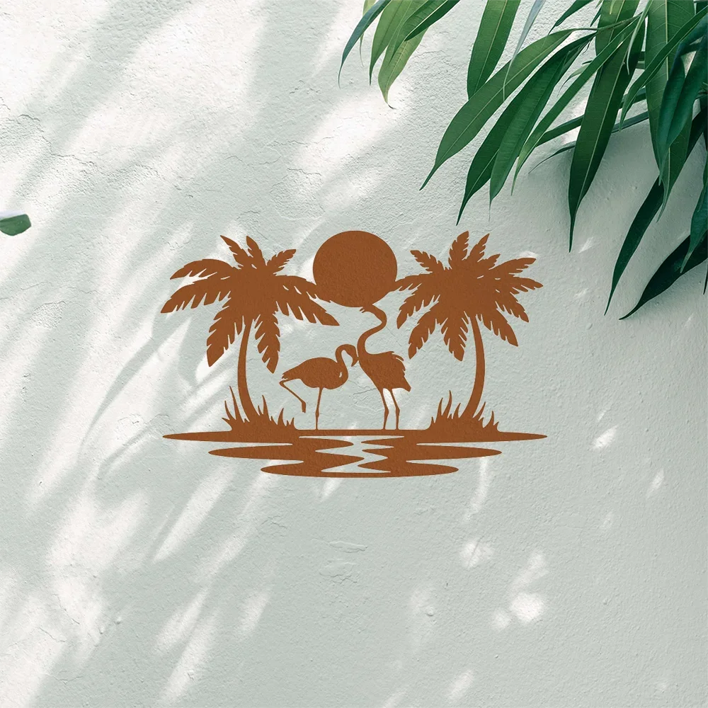 CIFBUY Metal Wall Art Flamingo Palm Tree Sunset for Home Garden Yard Decor Iron Hanging Signage Plaque Wall Sculpture Ornament