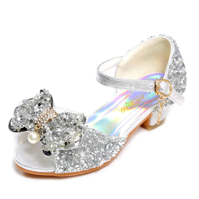 Children\'s Casual Shoes Fashion Crystal Princess Shoes 2024 New Girls Wedding High Heels Student Performance Silver Kids Sandals