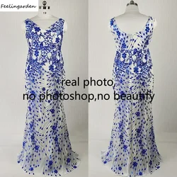 Feelingarden Customized Real Photo Evening Dress Plus size Blue Sequins Mermaid Floor Length Formal Prom Gown Robe De Soiree