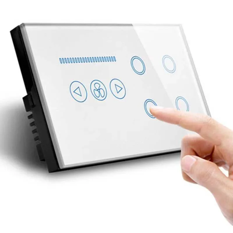 

147*86mm UK Crystal Glass Panel Smart Wifi 4Gang & Fan Dimmer Combo Touch Switch With Power Metering Function