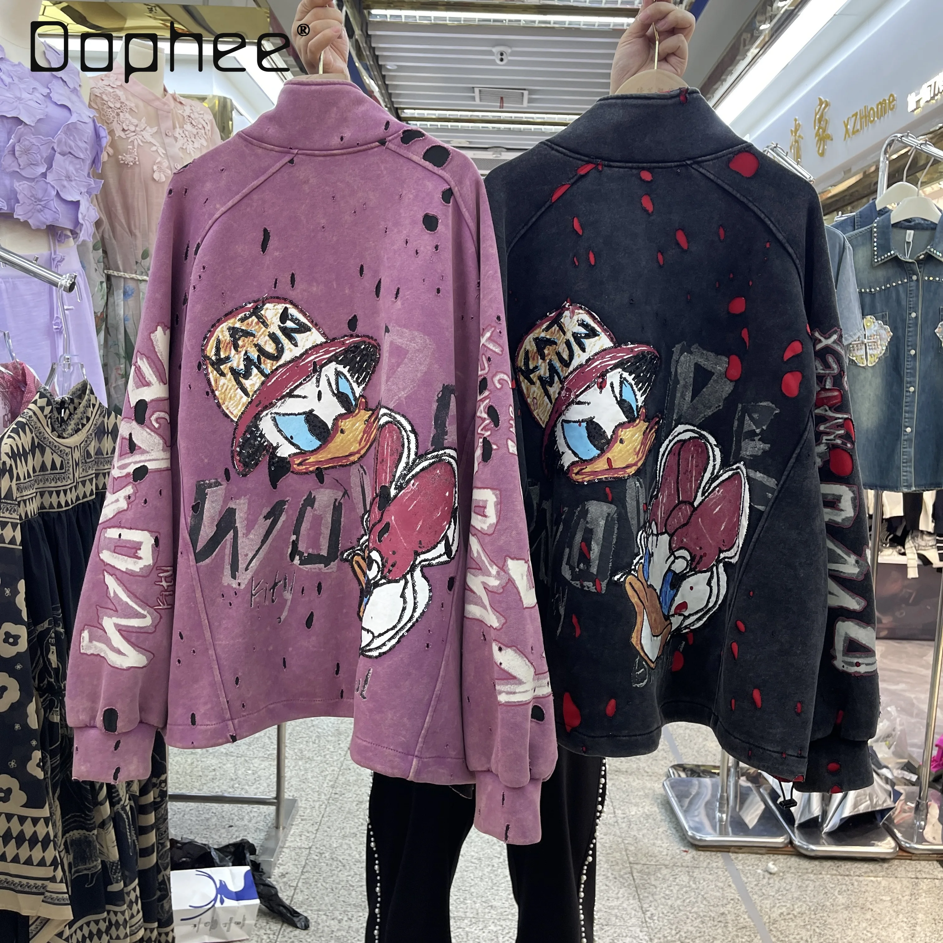 

European Vintage Distressed Jacket for Women 2025 Autumn Loose Mid-Length Oversized Color Block Printed Baseball Jacket