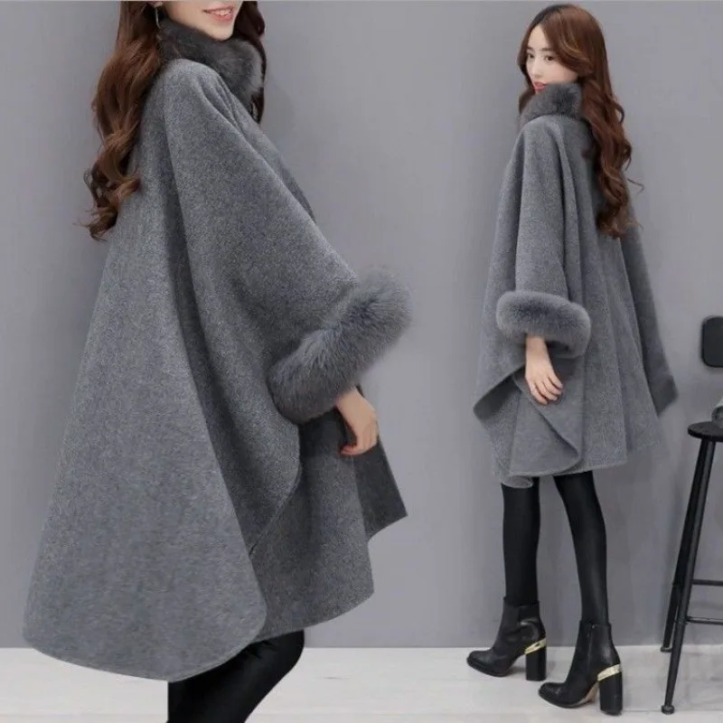 

Coat Female Tide in Autumn and Winter Big Rabbit Fur Collar Medium and Long Woolen Coat Cape Shawl Hepburn Woolen Large Size2026