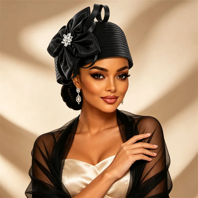 Ladies Elegant Bow Rhinestone Turban Hat Pleated Fabric Head Wrap Luxury Formal Wedding Church Tea Party Headwear African Geles