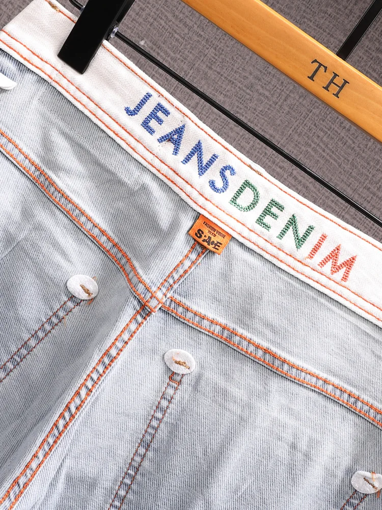 Sommer dünne Twill-Stretch-Jeans für Herren, bestickt, weich, klein, gerades Bein, Freizeithose