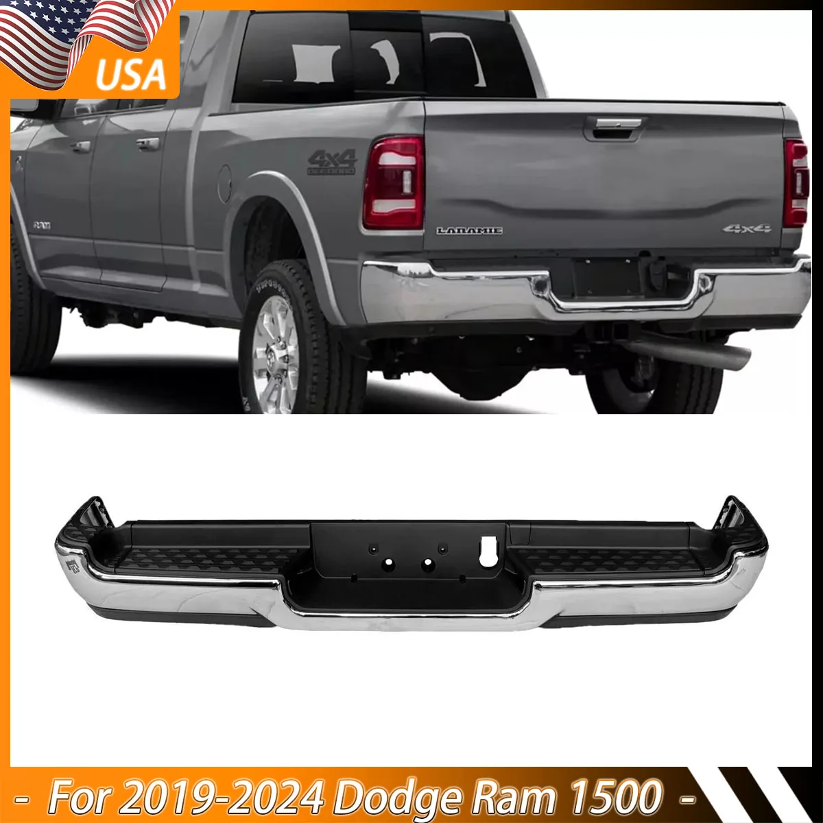 

Rear Bumper Assembly Chrome Steel For 2019-2023 Dodge RAM 1500 without Park Assist Sensor Holes