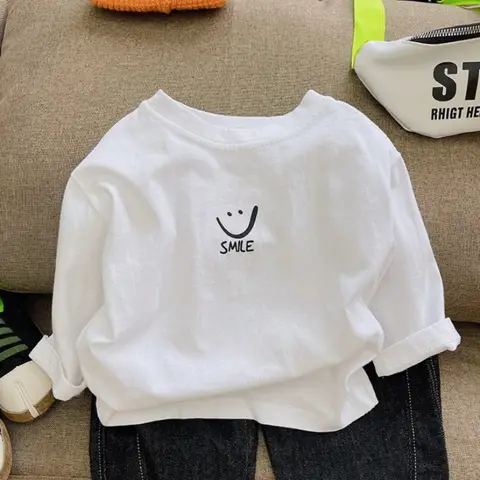 T-shirt en pur coton à manches longues pour enfants, pull blanc, vêtements basiques, vêtements pour bébés garçons et filles, printemps et automne, 1-7T