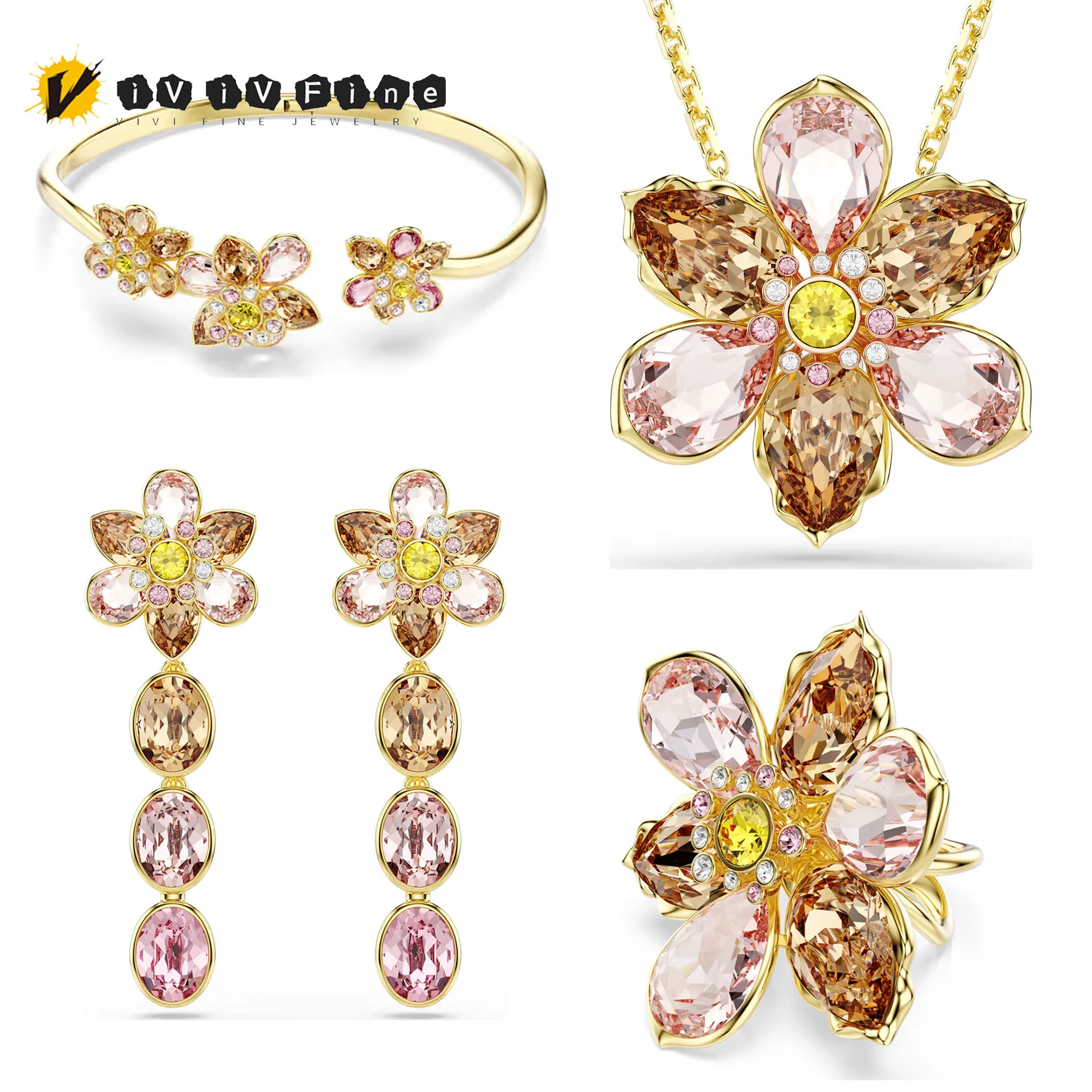 

2025 New Original Rich Flower Rose Quartz Dazzling Flower Series Women's Fine Jewelry Set Fashion Necklace Earring Bracelet Ring