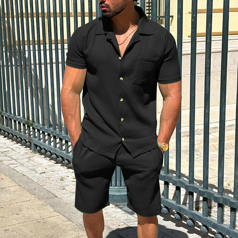 Textured Solid Color Men's Fitness Set Summer Casual Quick Drying Cuban Collar Short Sleeved Shirt Shorts MB5-MA4