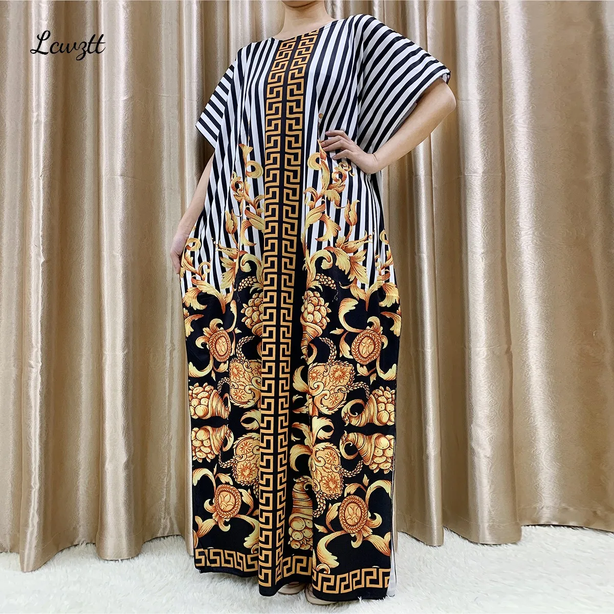 

Fashion New Style Flower Sleeve African Dashiki Floral Print Waist Belt Cotton Caftan Lady Summer Maxi Casual Dresses Vestidos