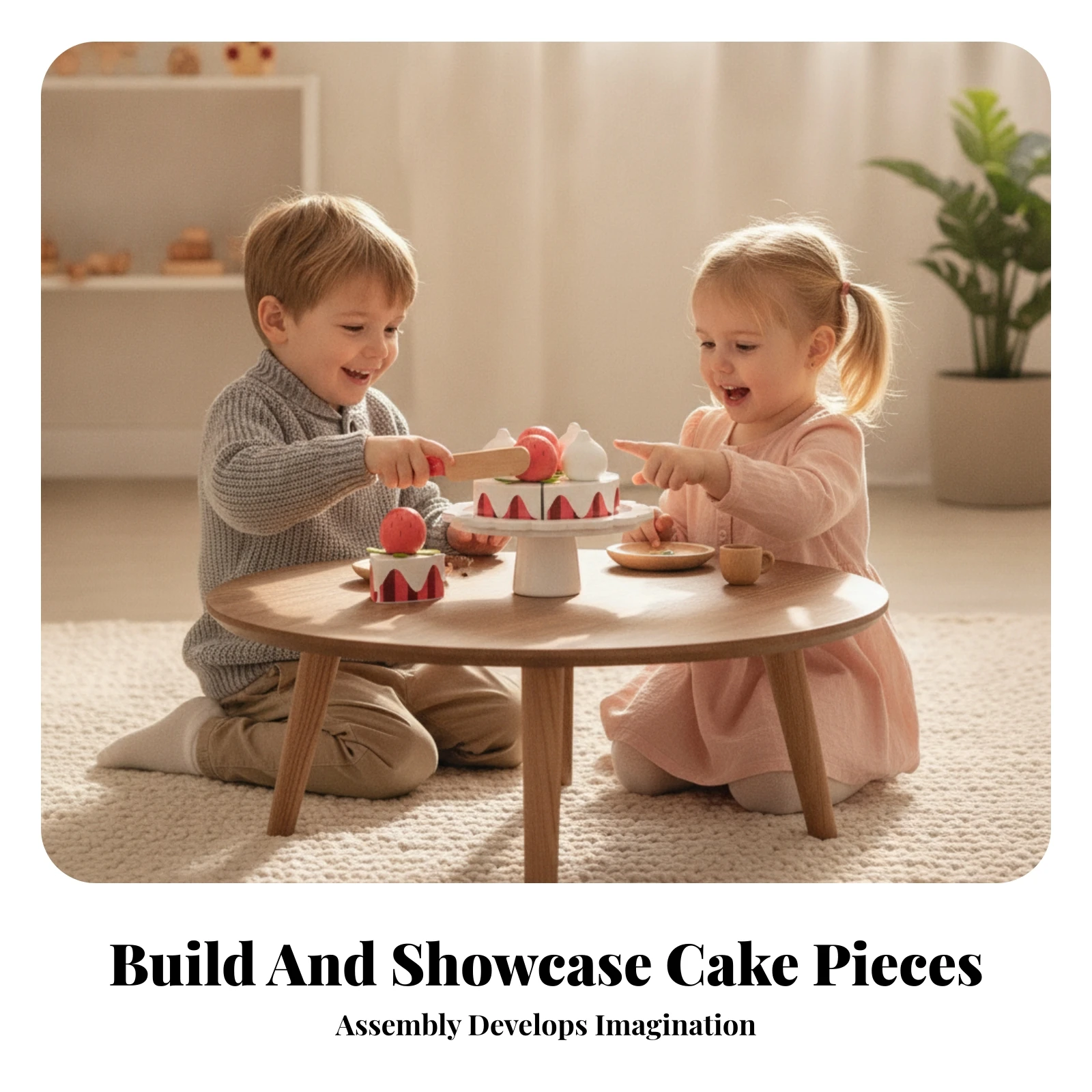 Wooden Birthday Cake Play Set Natural Wood Finish Wooden Birthday Cake Set Round Base Realistic for Children