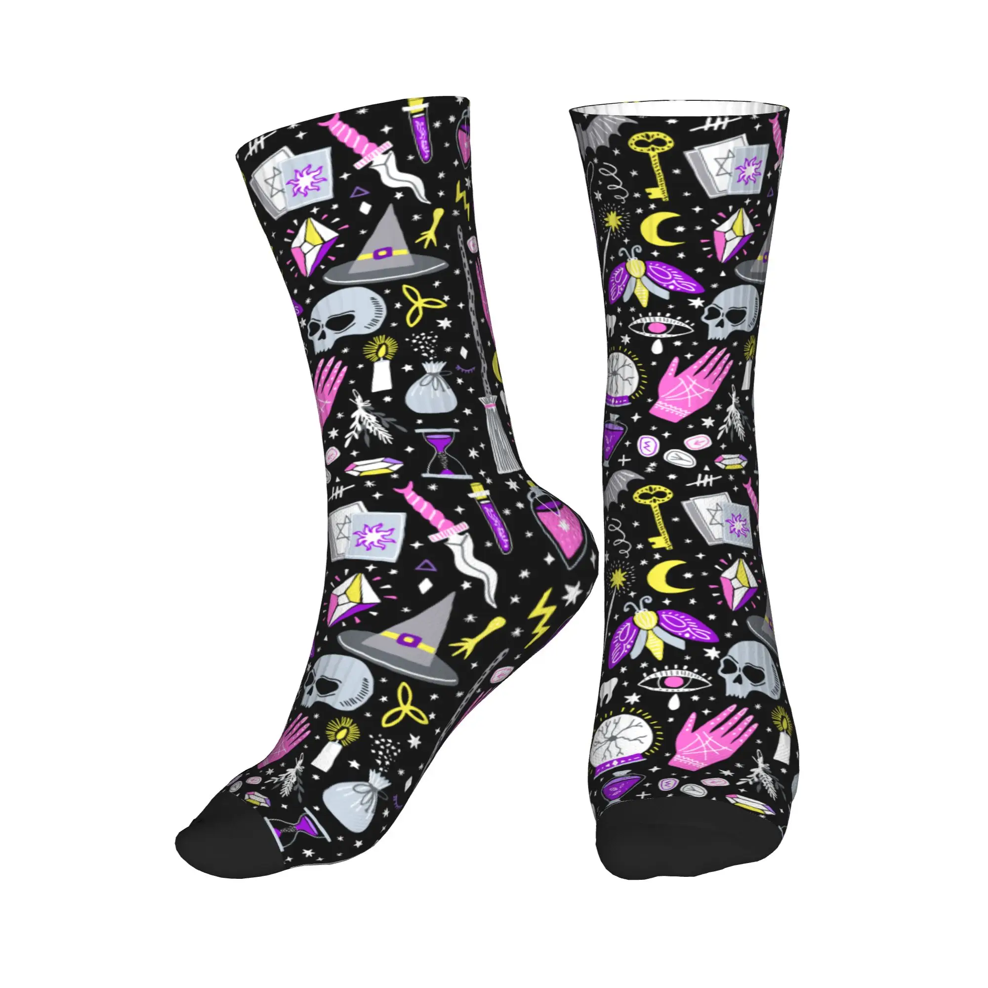 

Fashion Mens Magic Witch Dress Socks Unisex Warm Breathbale 3D Printed Black Alchemy Bohemian Halloween Crew Socks