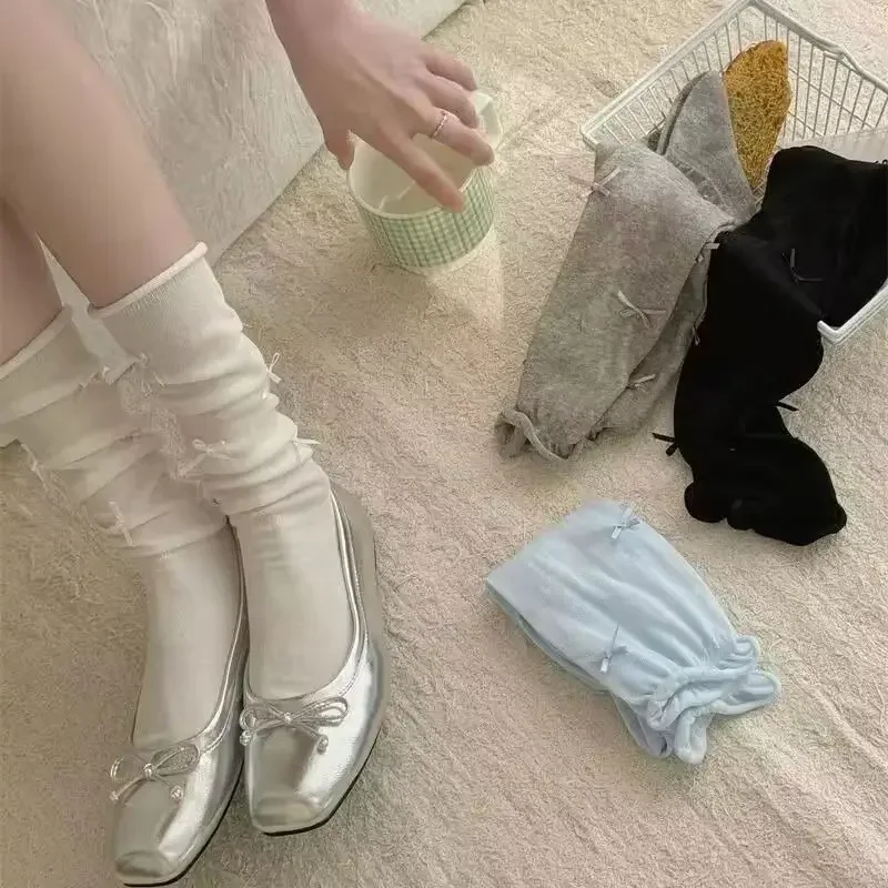 Women Socks Ballet Style Terry Socks Long-tube With Bowknot Student Style Easy To Match Thin And Summer Style