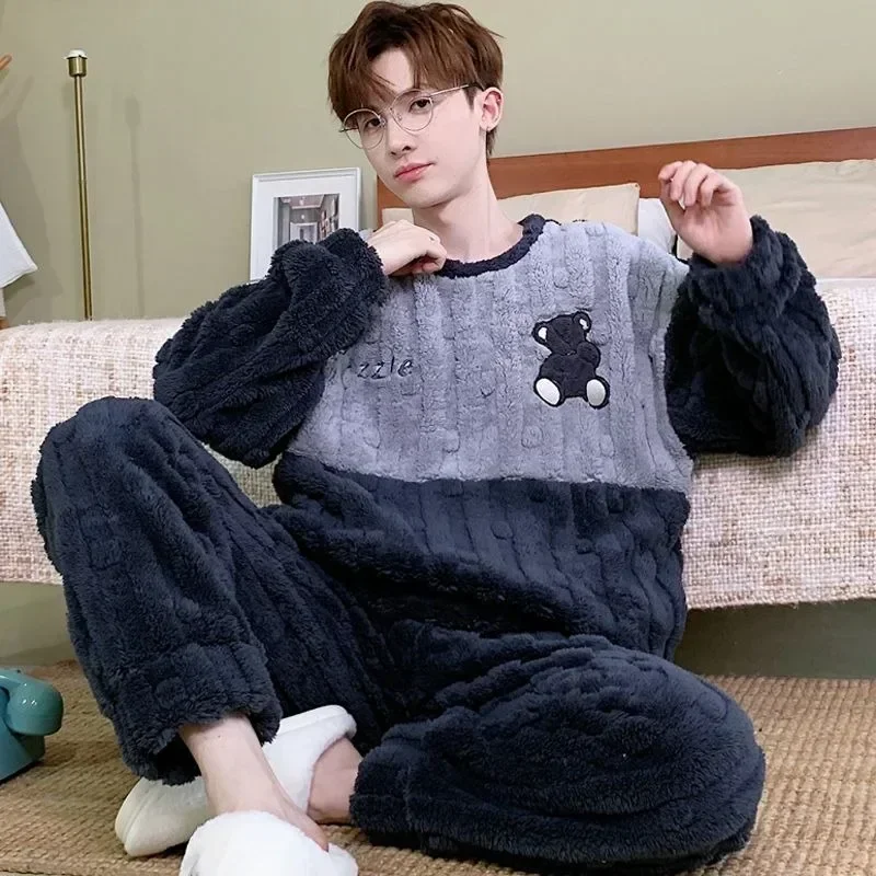 2025 New Autumn and Winter Loungewear Coral Fleece Pajamas Men Plus-size Long-sleeved Sleepwear Suit Thickened Plush Homewear