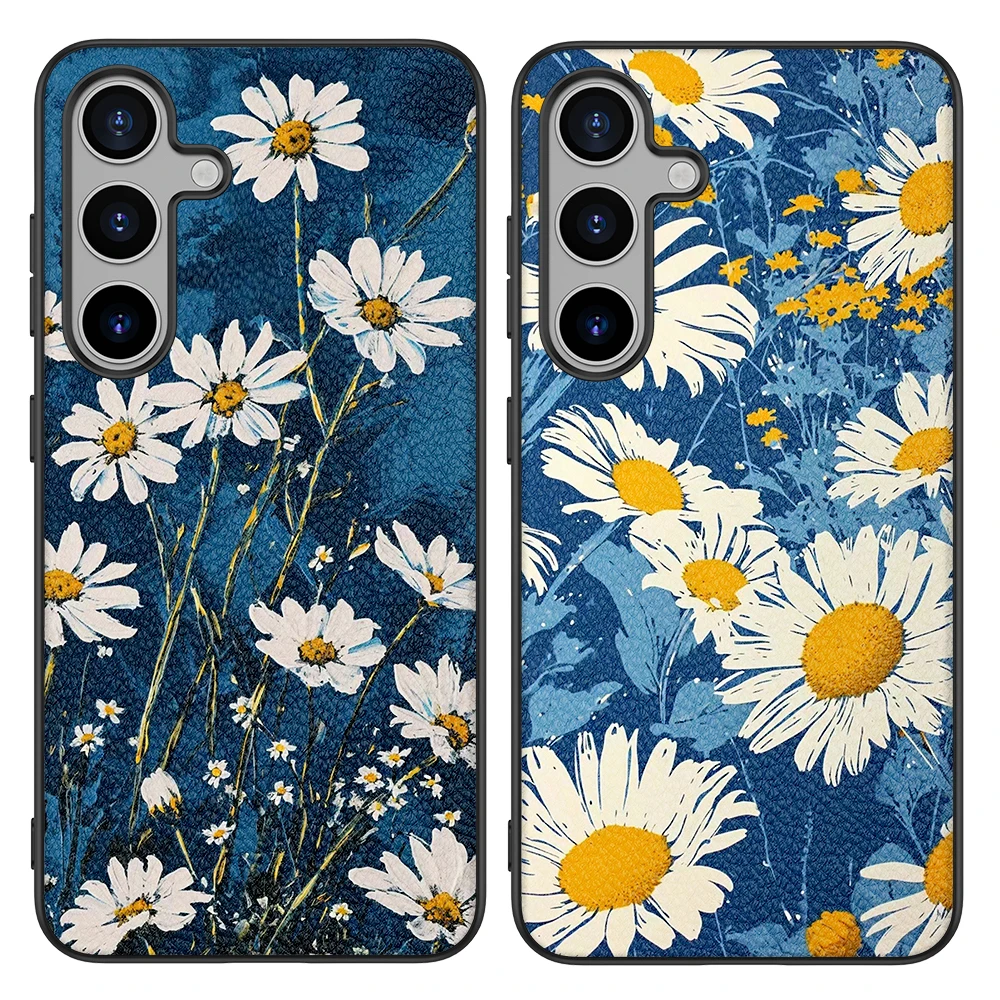 Back Cover Leather Case for Samsung Galaxy S20 S21 S22 S23 S24 Plus Ultra FE Fan Edition 5G with Blue White Flower Pattern Print