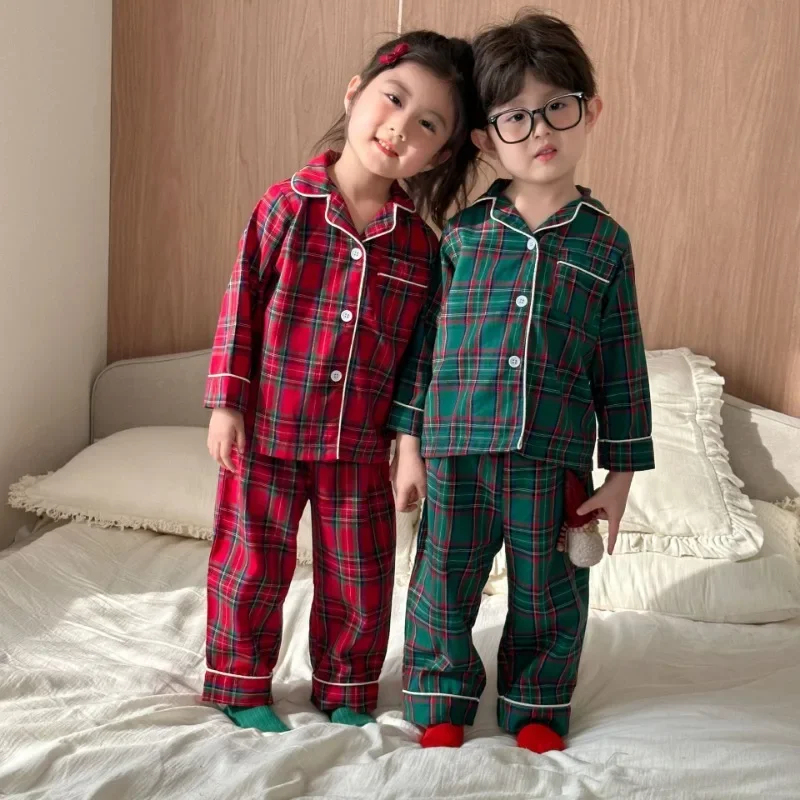 Spring New Kids Baby Lapel Pajama Sets Christmas cotton Home Sleepwear Boys Girls Kid‘s Cardigan Pyjamas Set hildren’s Clothing