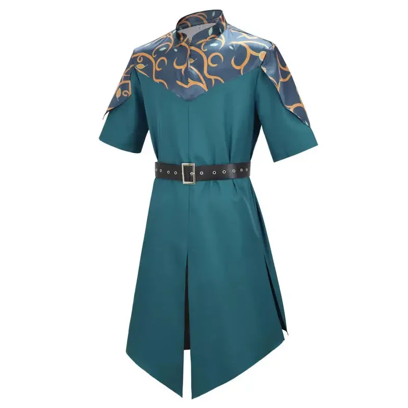 Costume de tunique médiévale pour hommes, haut imprimé bleu sarcelle avec ceinture noire, tenue de cosplay Renaissance pour Halloween et fêtes à thème