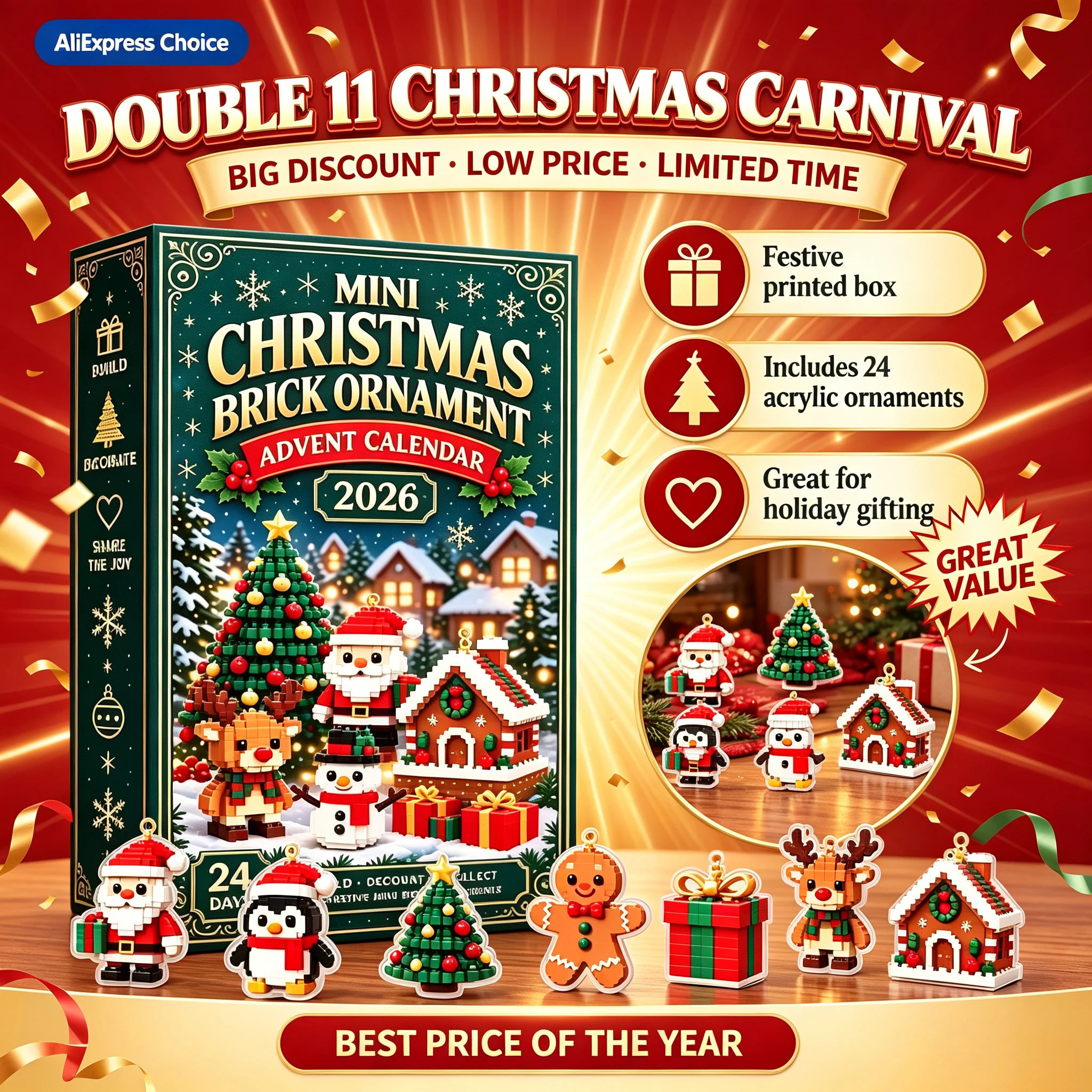 2026 Christmas Advent Calendar 24 Day Countdown Mini Ornaments Mystery Box Surprise Gift Collection