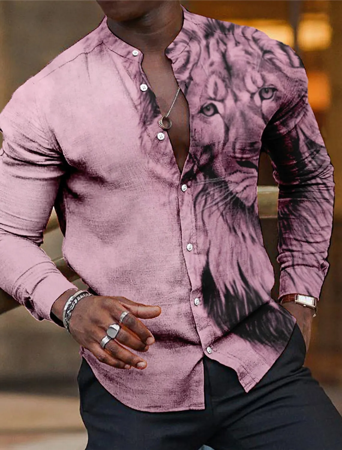 New Men's Shirt Long Sleeve 3D Printed Animal Lapel Button Autumn Men's Tops Retro King of The Forest Pattern Casual Tops S-5Xl