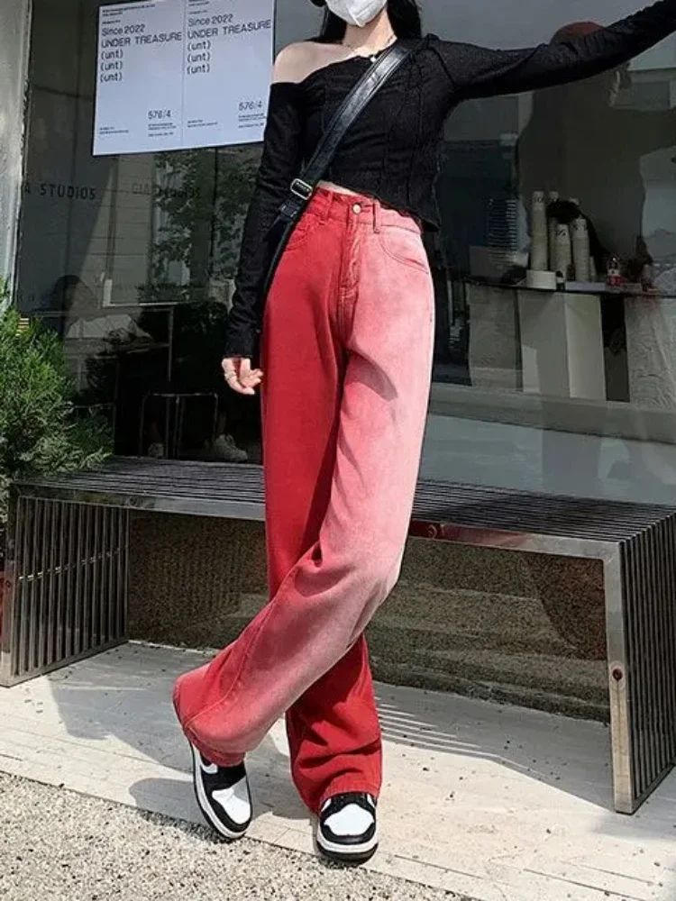 Trousers Autumn Wide Leg Denim Pants Woman Gradient Red Jeans for Women Straight Clothes Summer Streetwear Cool Vibrant Cowboy R