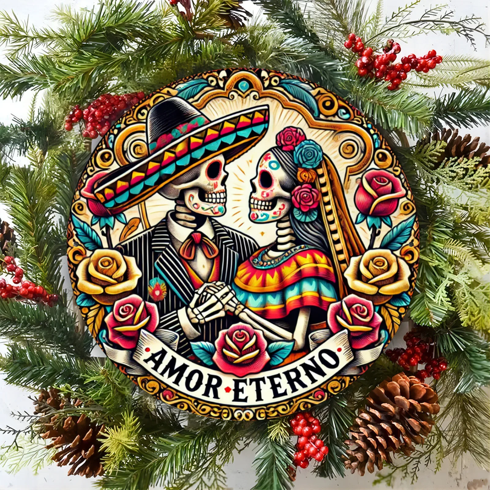 ديكور حائط من الألومنيوم Dia De Los Muertos - فن الزفاف المكسيكي ليوم الموتى مع زوجين الهيكل العظمي، الرومانسية القوطية العتيقة