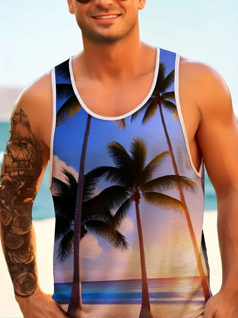 Summer Daily Casual Men's Tank Top Hawaiian Style Casual Men's Tank Top Beach Party Men's Fashion Sleeveless T Shirt