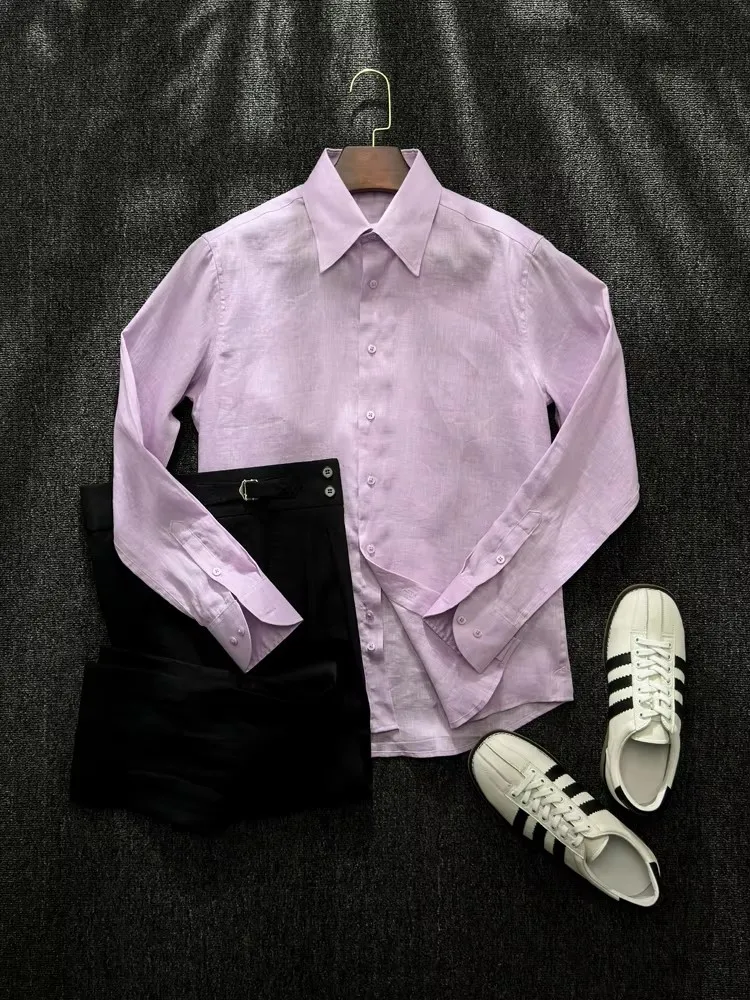 Summer Mens Long Sleeved Linen Shirt Turndown Collar Solid Color Breathable Shirts Single Breasted Casual Skin Friendly Tops