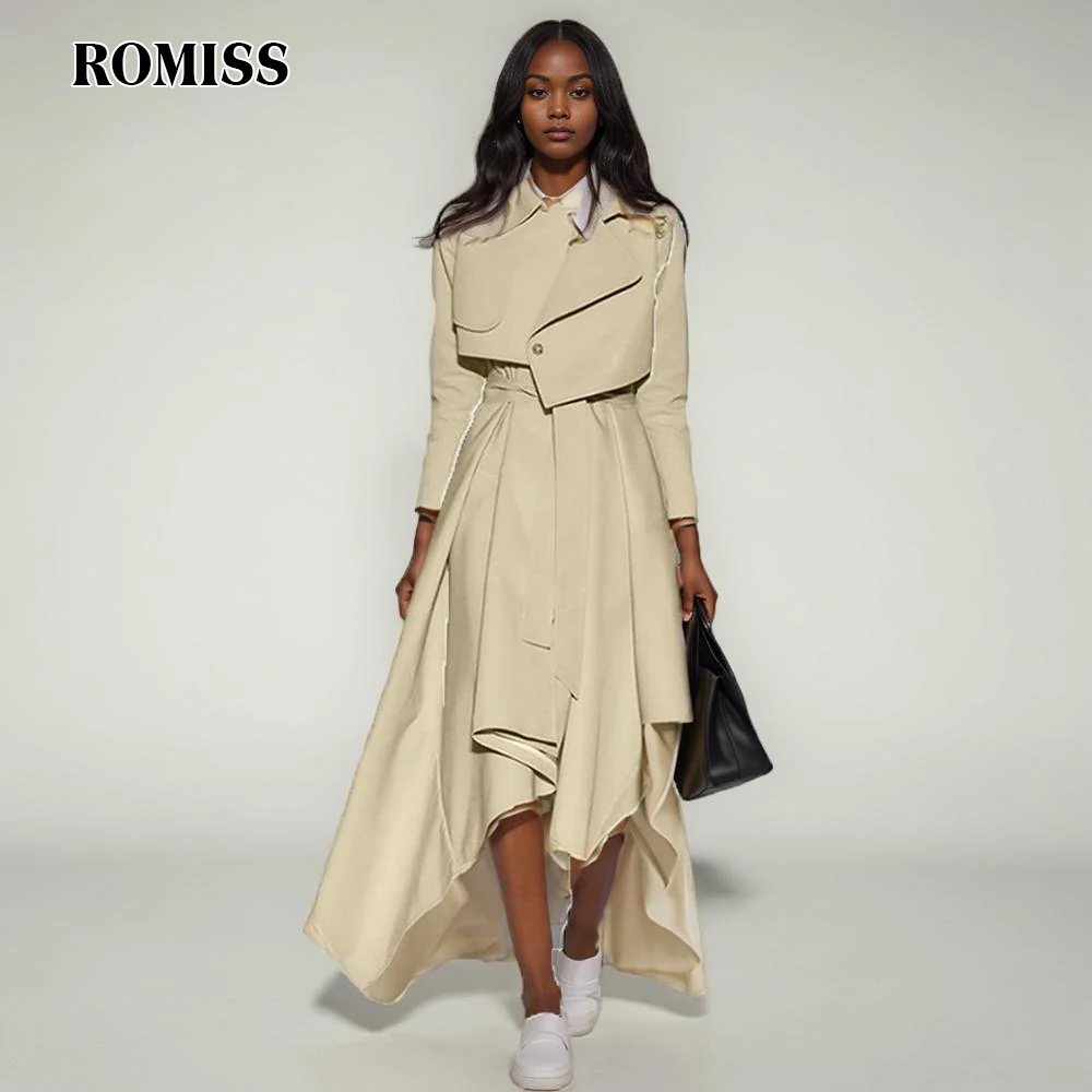 

ROMISS Solid Casual Designer Trench For Women Lapel Long Sleeve High Wiast Spliced Button Asymmetrical Coat Female New